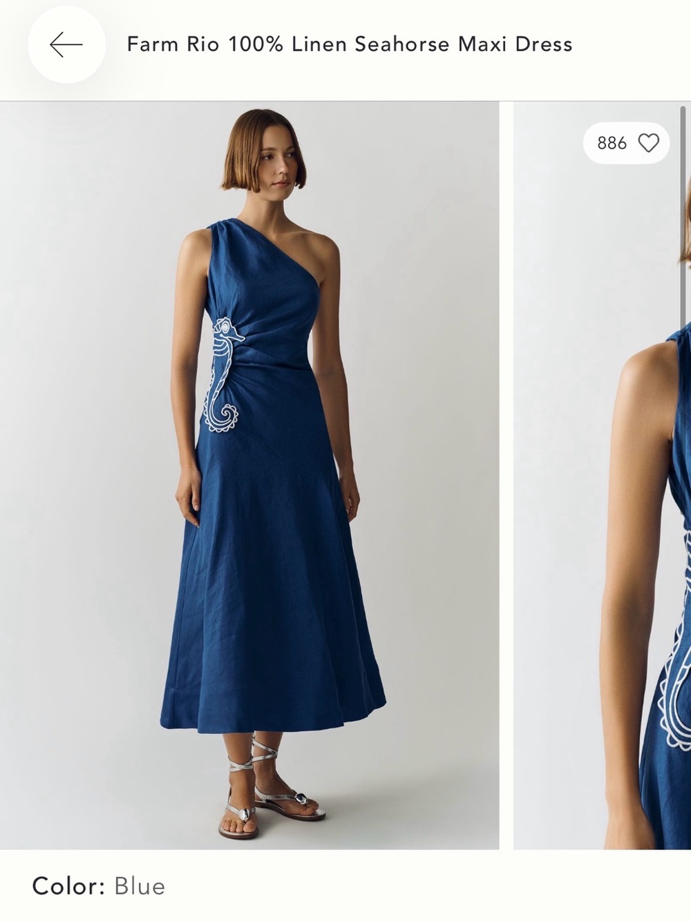 FARM Rio Blue One-Shoulder Linen Maxi Dress with Seahorse Motif
